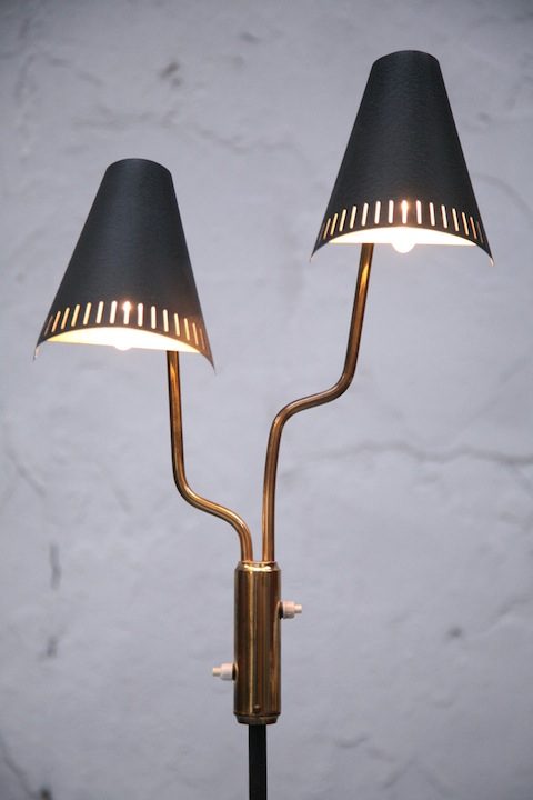 1950s black brass double floor lamp