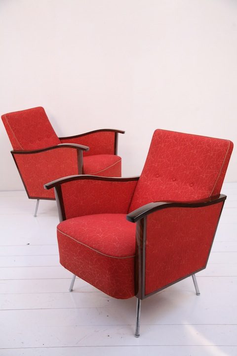 Pair of Red 1950s Lounge Chairs