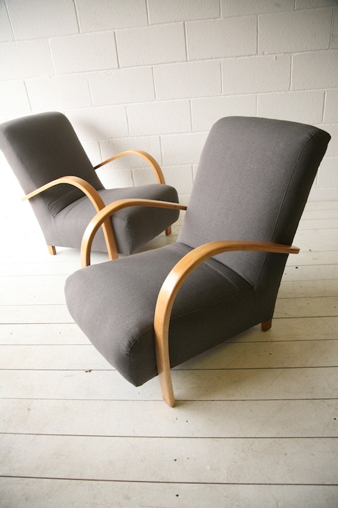 1930s Beech and Grey Armchairs