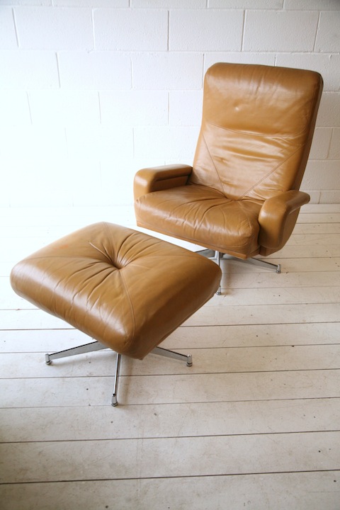 Leather 1970s Swivel Chair and Stool