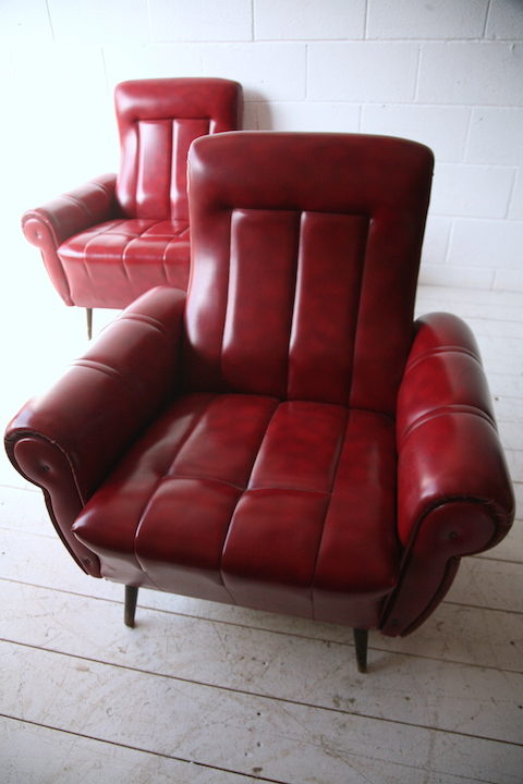 Pair of 1950s Red Vinyl Armchairs