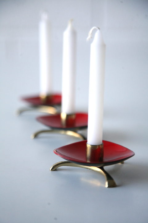 1950s Red Enamel Brass Candle Holders