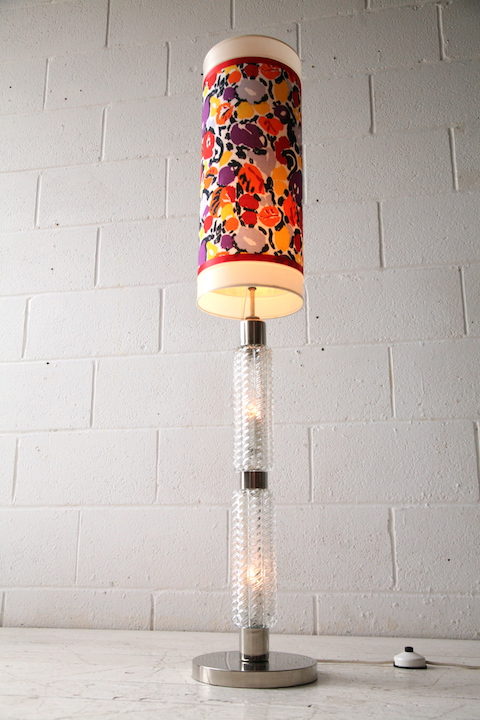 1970s Glass Floor Lamp with Floral Shade 1
