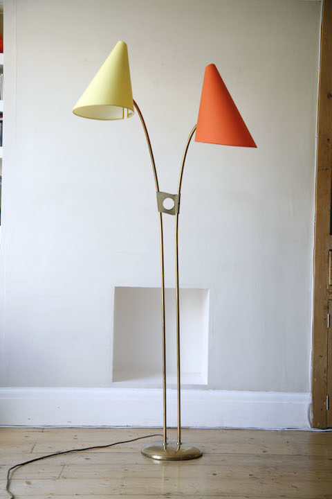 1950s Orange Yellow Brass Floor Lamp