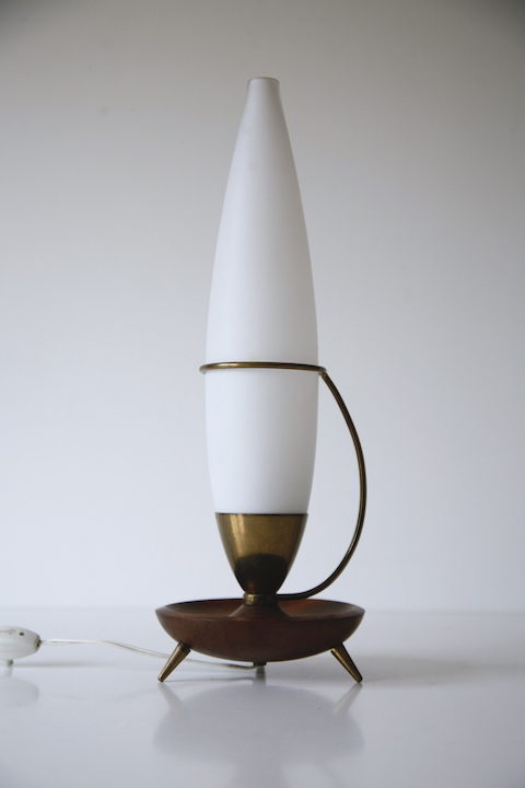 1950s Glass Brass Teak Lamp